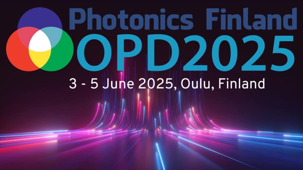 Promotional banner for Photonics Finland's OPD2025 event, taking place from June 3 to June 5, 2025, in Oulu, Finland. The design features a vibrant, futuristic background with colorful light trails and dynamic glowing effects, symbolizing advanced technology and innovation. The text prominently highlights the event name "OPD2025" in bold blue, along with the dates and location. A logo combining overlapping red, blue, green, and yellow circles represents Photonics Finland, emphasizing the organization's focus on photonics and optical technologies.